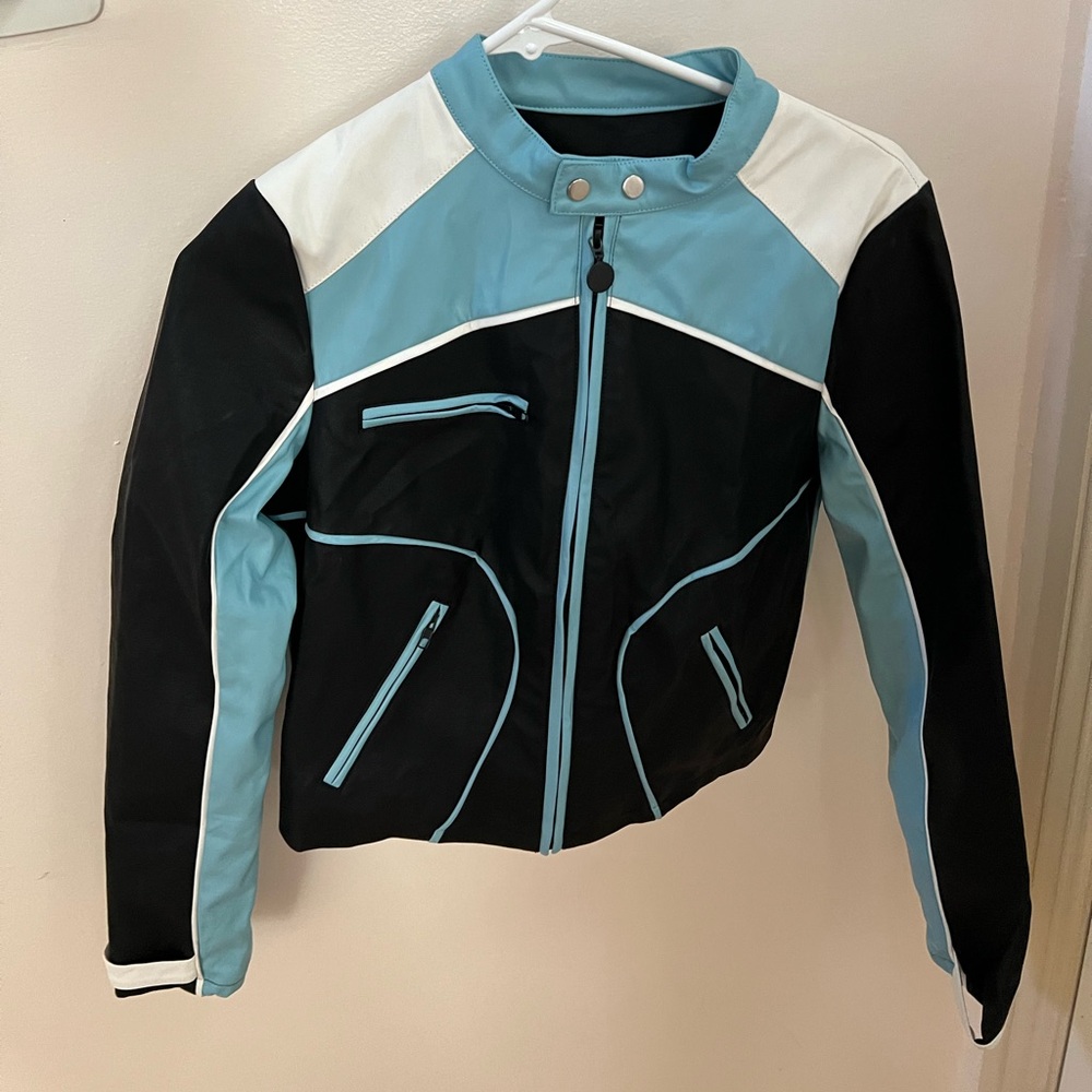 Daisy Street Blue & Black Color Block Moto Jacket Motorcyle Leather Jacket